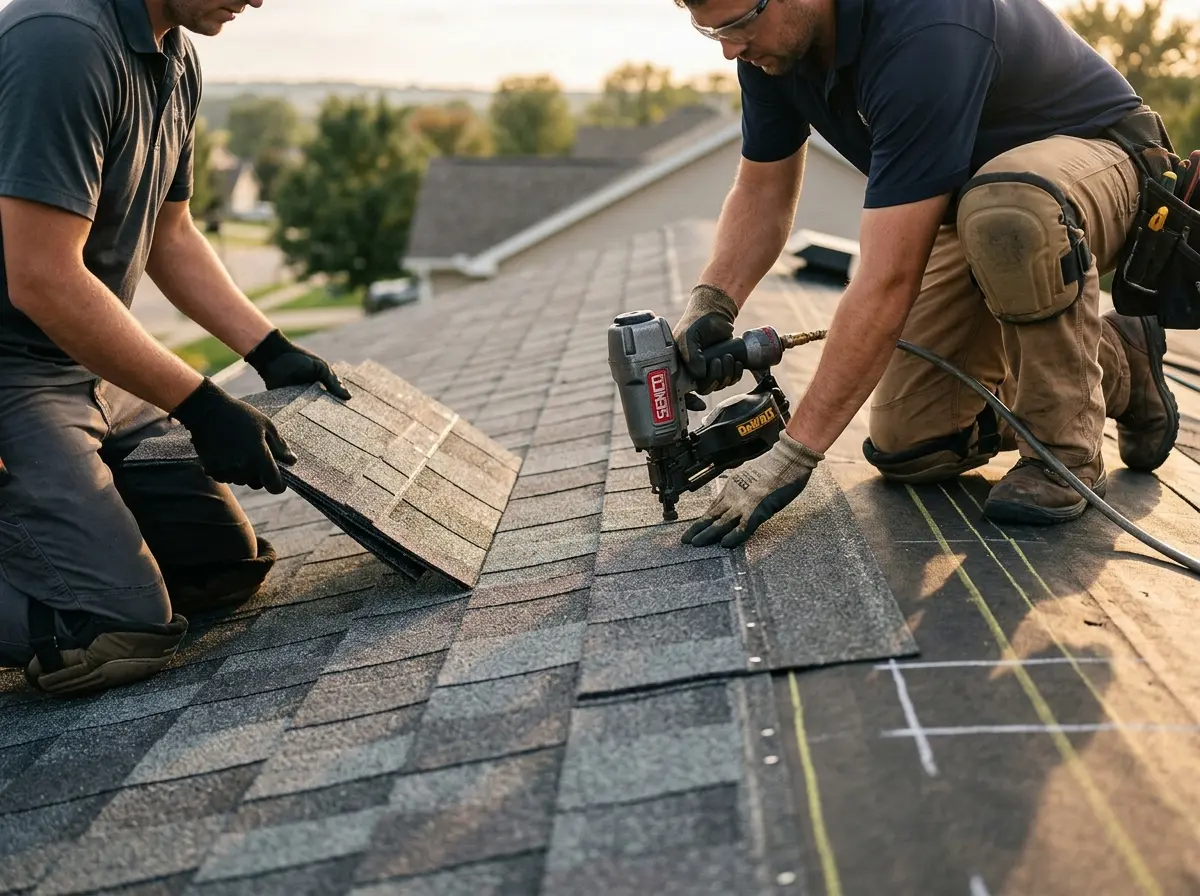 Professional roofer working on a residential roof in Swartz Creek